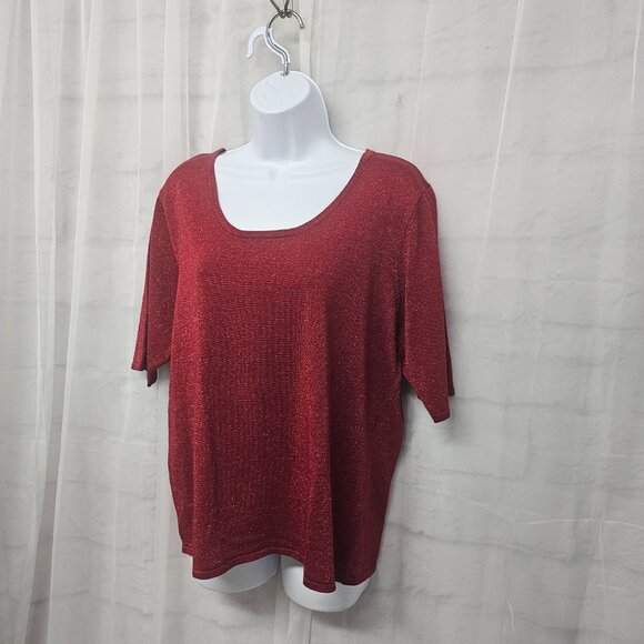 Patchington Tee Blouse Knit Red Metallic Silk Blend Glam Bling Layering L - Picture 4 of 10